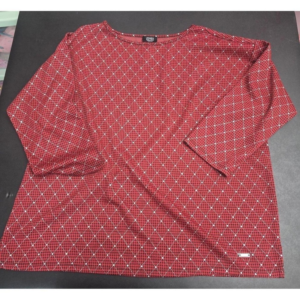 NWT Jones New York Signature Red Black Houndstooth Silver Shimmer Top XL